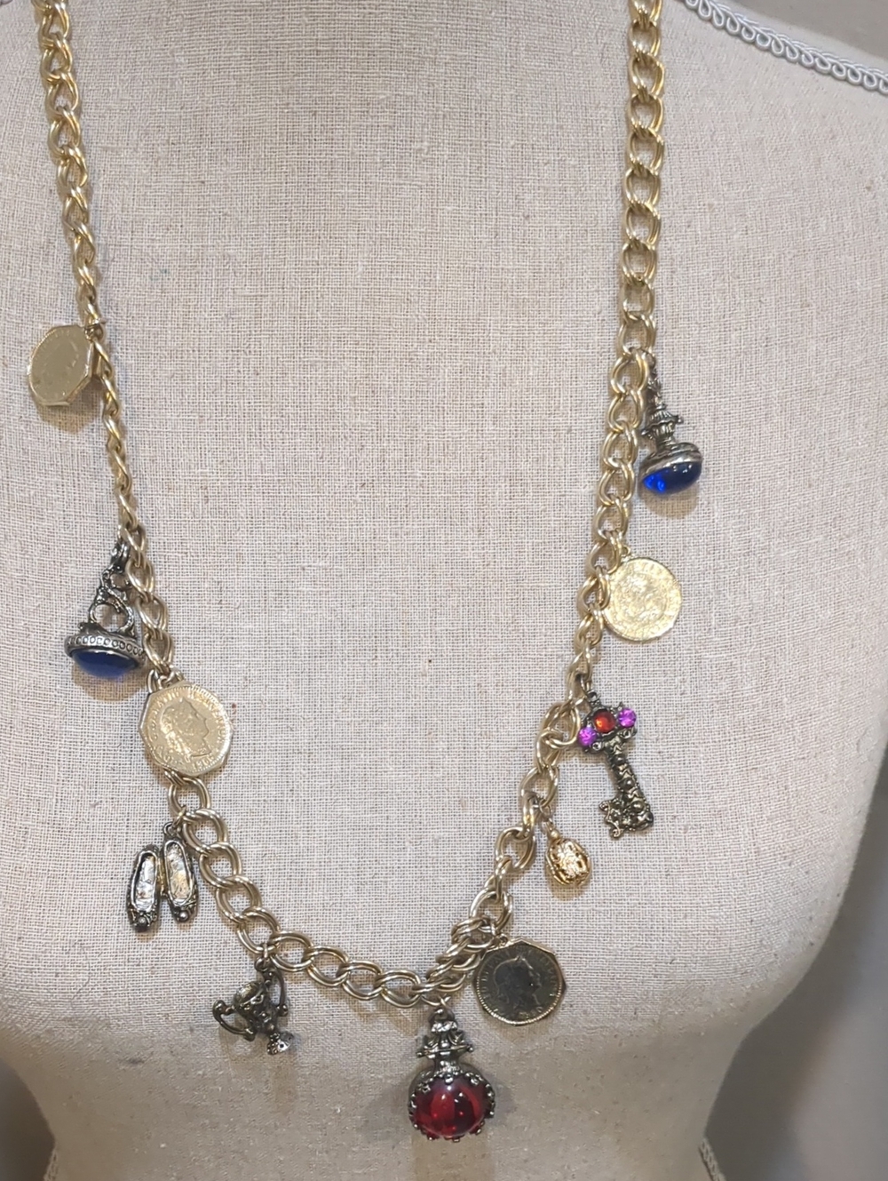 Vintage Gold Charm Necklace with Multicolored Gem Accents